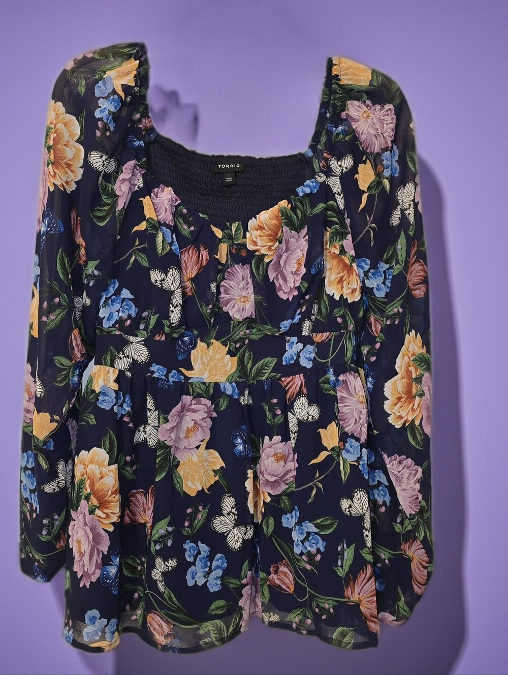 Torrid Navy Floral Smocked Peasant Top